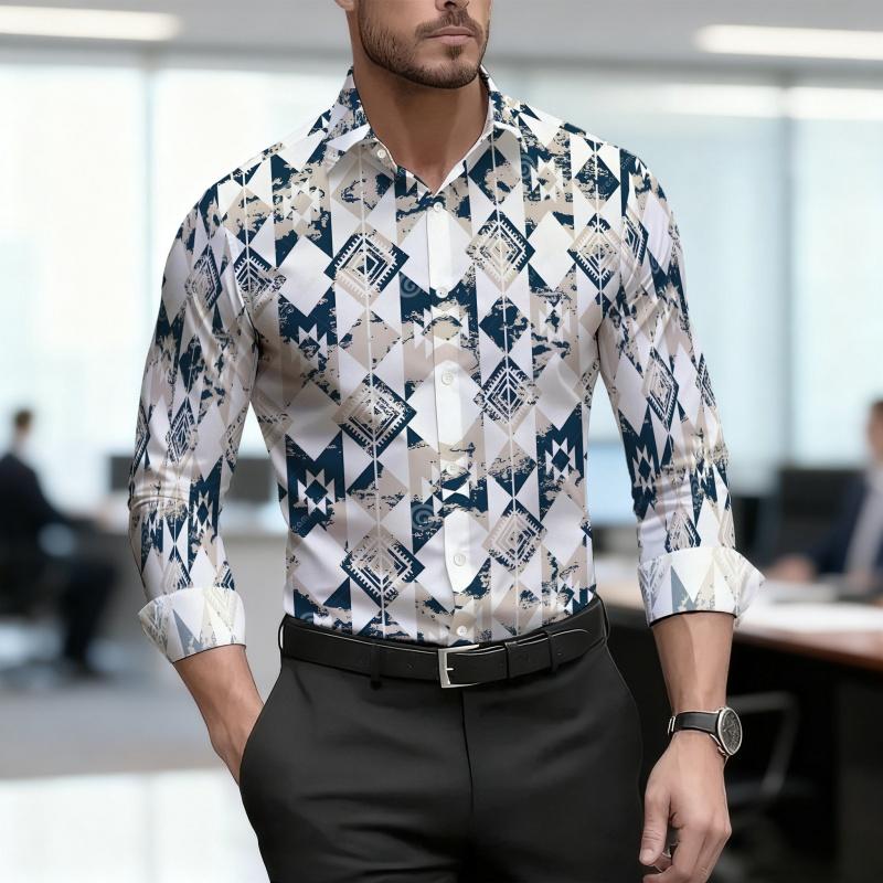 Men's Shirt, Ethnic Style Diamond Shaped Geometric Printed Long Sleeved Shirt, Business Casual Spring and Autumn Collar Shirt