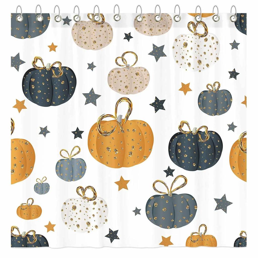 Autumn Fall Shower Curtains Brown with Thanksgiving Harvest Pumpkin Bathroom Curtain for Halloween Party Home Decor with Hooks