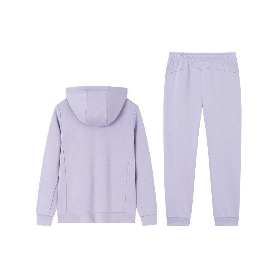 Anta Training Series Solid Color Zip Hooded Fleece Jacket And Mid-Waist Long Pants Casual Set Women sets Purple-Smoke 962337201-2