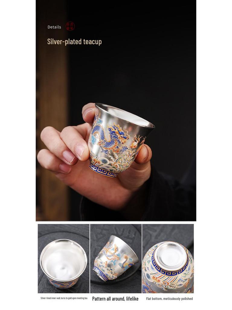 Luxury Dragon & Phoenix Silver-Plated Tea Set: One Pot, Two Cups, Dragon Egg Infuser, Gift Box Included