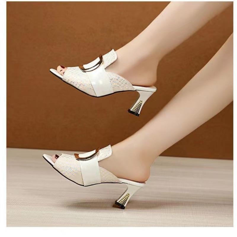 Summer Fashion Women Sandals Elegant Thick High Heels Slippers Comfortable Fish Mouth Casual Metal Buckle Slides Shoes 35-41