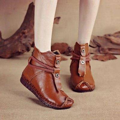 Genuine Leather Soft Sole Short Boots Retro Solid Color Warm Comfortable Cotton Shoes
