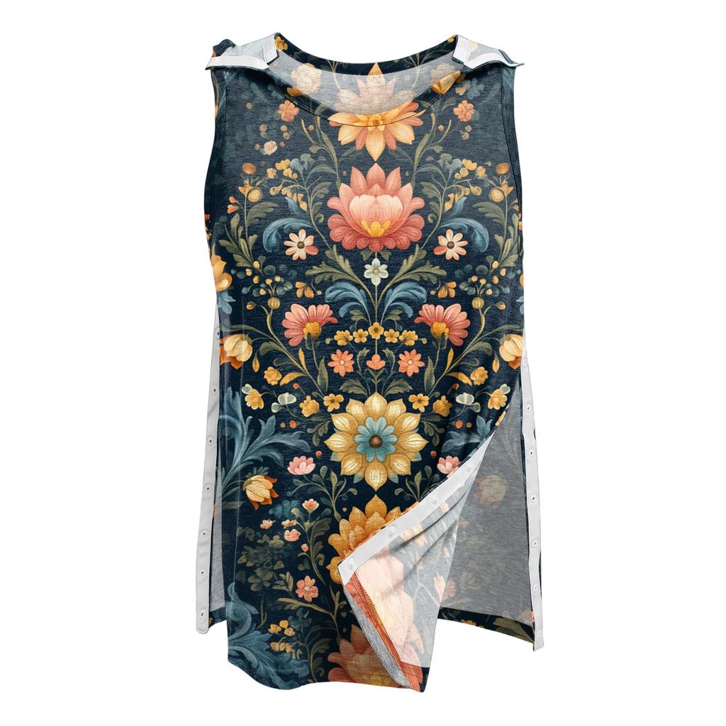 Women Shoulder Surgery Shirt Sleeveless Floral Print Top with Snap Buttons and Tear-Away Design Medical Recovery Apparel