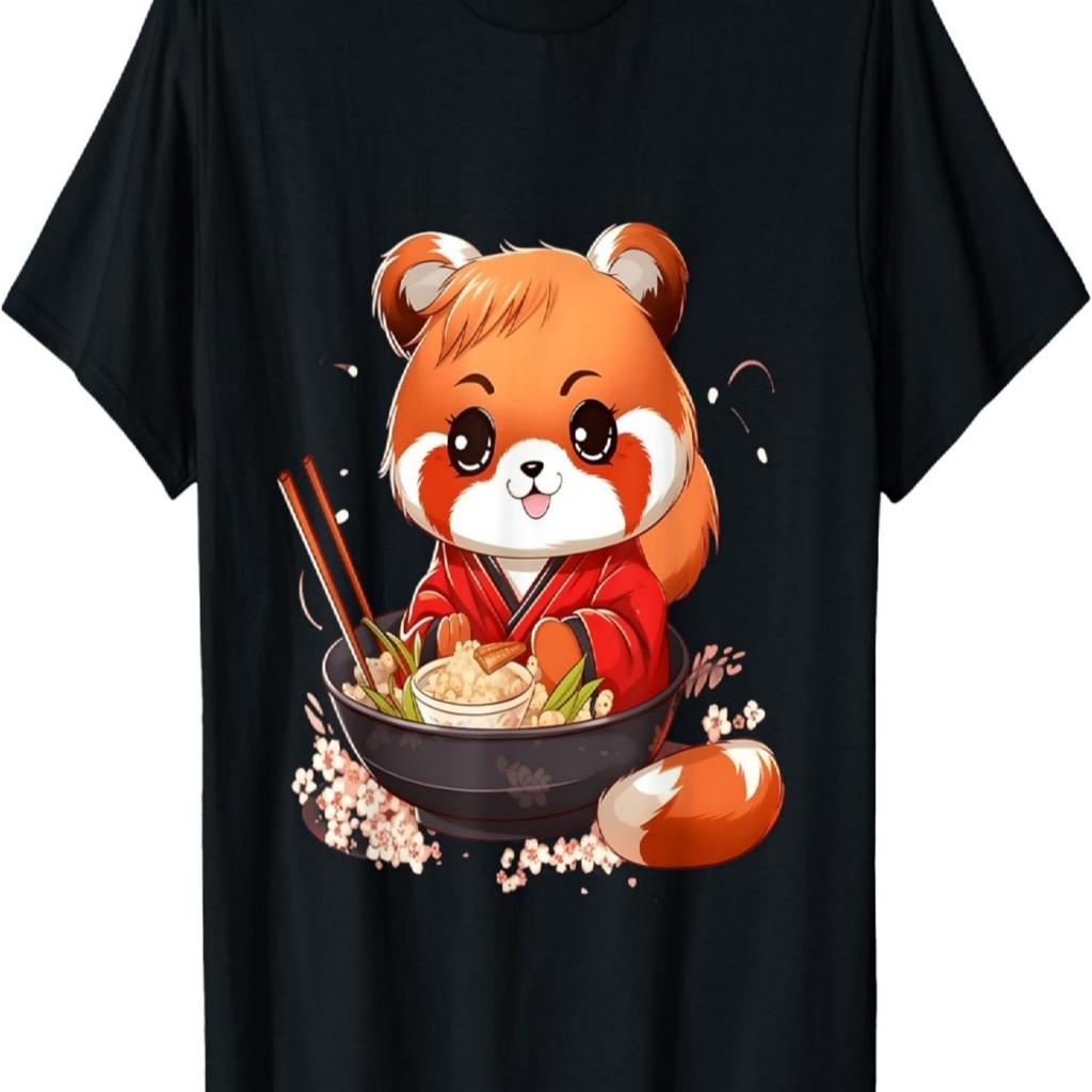 Otaku Anime Red Panda Eat Ramen Noodles Cherry Blossom T-Shirt(69)