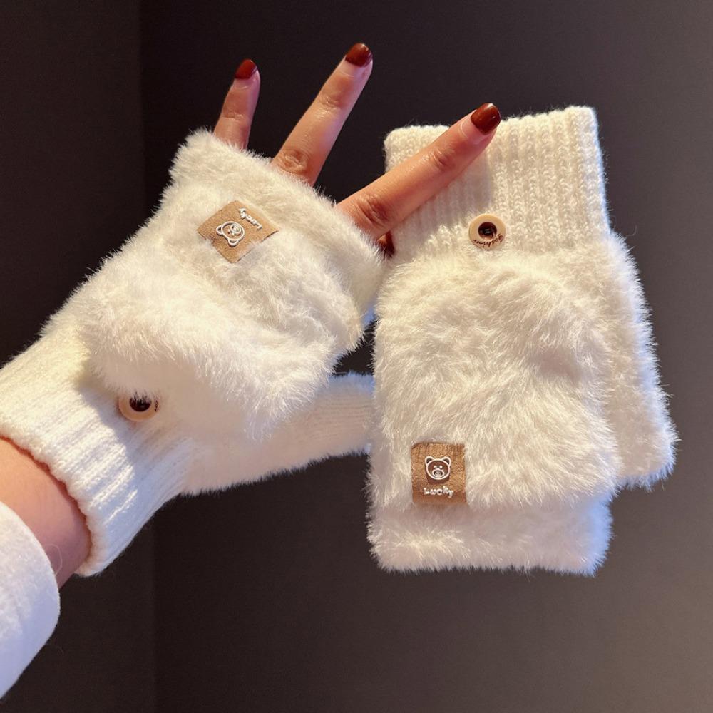 Cute Autumn Winter Half Finger Gloves Plush Warm Touchscreen Gloves Thickened Anti-Cold Flip Cover Gloves Student Writing Gloves