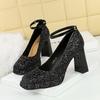 Women's Shoes with Thick Heels, High Heels, Waterproof Platform, Shallow Mouth, Square Toe, Sequins, Straight Strap, Single Shoe