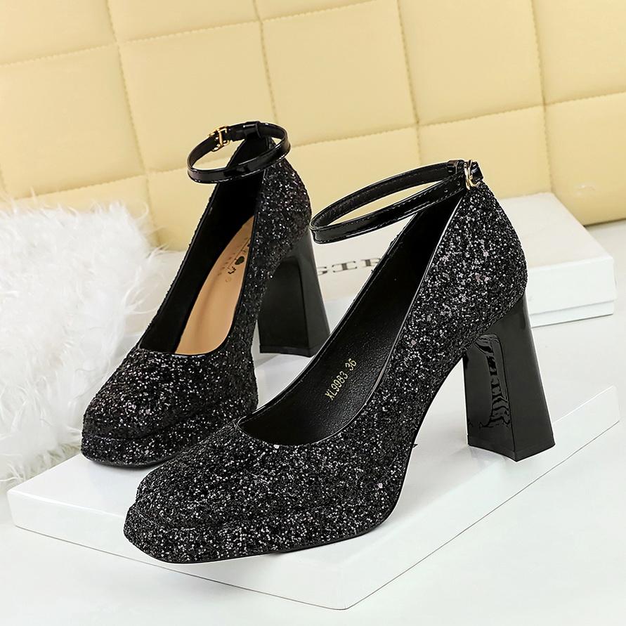 

Женская обувь на толстом каблуке, на высоком каблуке, на водонепроницаемой платформе, с мелким вырезом, с квадратным носком, с пайетками, с прямым ремешком, туфли 40 чёрный