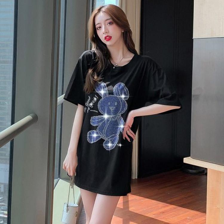 Heavy Industry Rabbit Iron Diamond Short Sleeve T-shirt for Women's Summer New Loose Large Size Half Sleeve Top