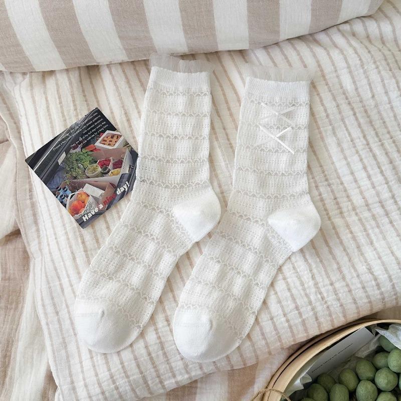 

Summer Lightweight Children s Silk Hosiery with Lace Butterfly Knots and Fringed Hem. 1 pair белый