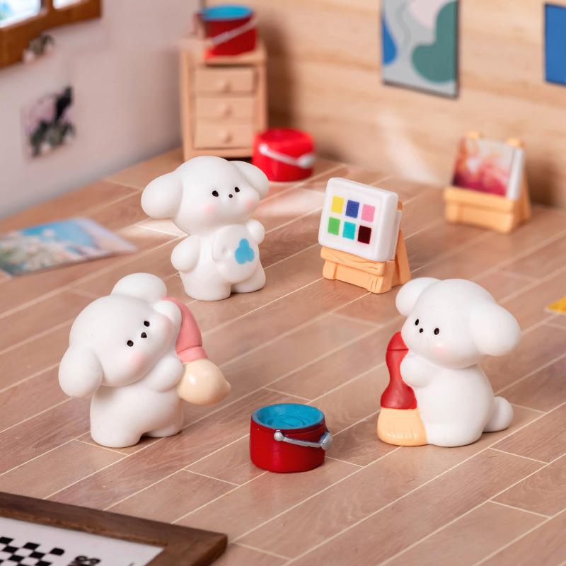 Mini Malerei Kleine Weiße Hund Figur Cartoon Welpe Ornament Mikro Landschaft Auto Innenraum Heim Desktop Dekoration