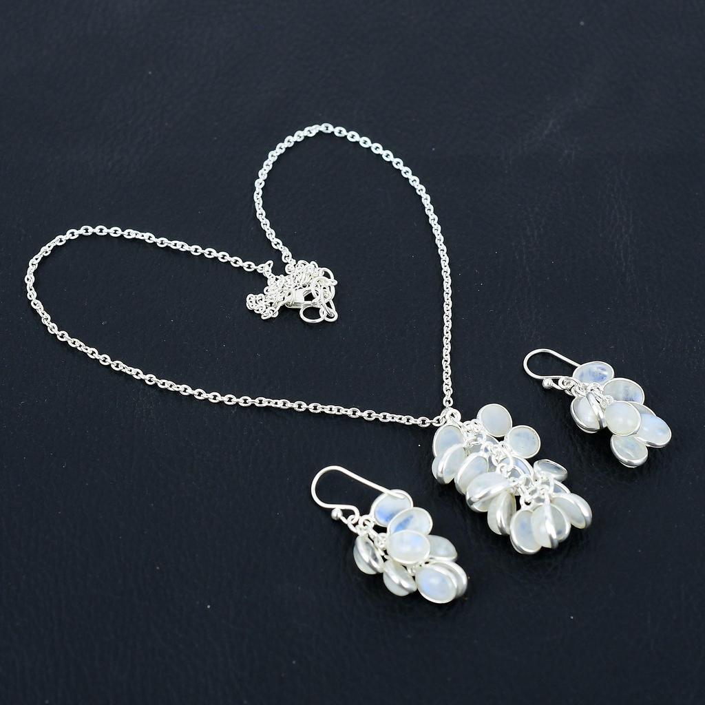 Natürliches Regenbogen Mondstein Halskette Ohrringe Set, 925 Sterling Silber, handgefertigte Tropfen Ohrringe, Halskette Set Geschenk zum Valentinstag