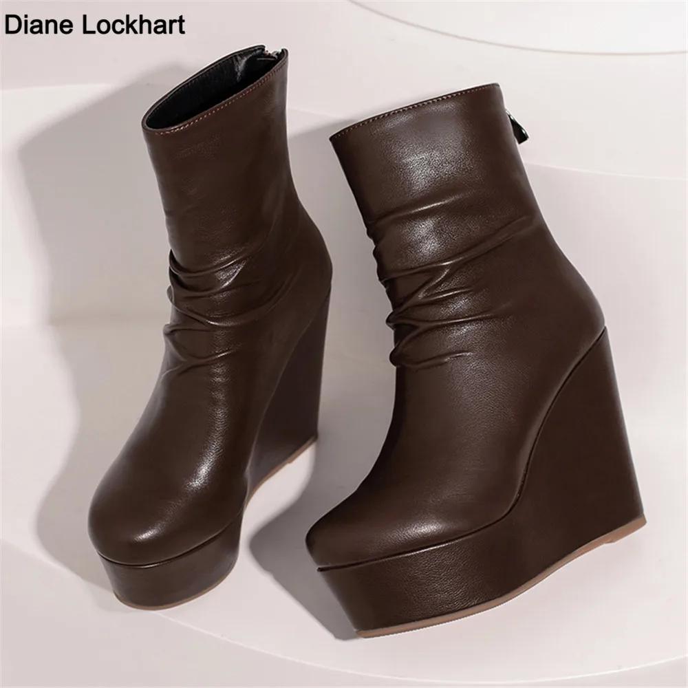 Fashion Wedges Ankle Boots Women Winter Autumn Shoes Fashion Faxu Leather Platform Women's Short Boots Sexy High Heels Black Shoes Femal