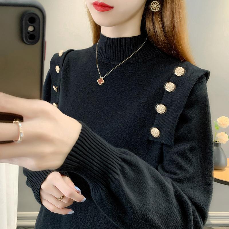 2024 Autumn and Winter New Button Sweater Tops Women's Pullover Half Turtleneck Sweater Thickened Bottoming Shirt Women