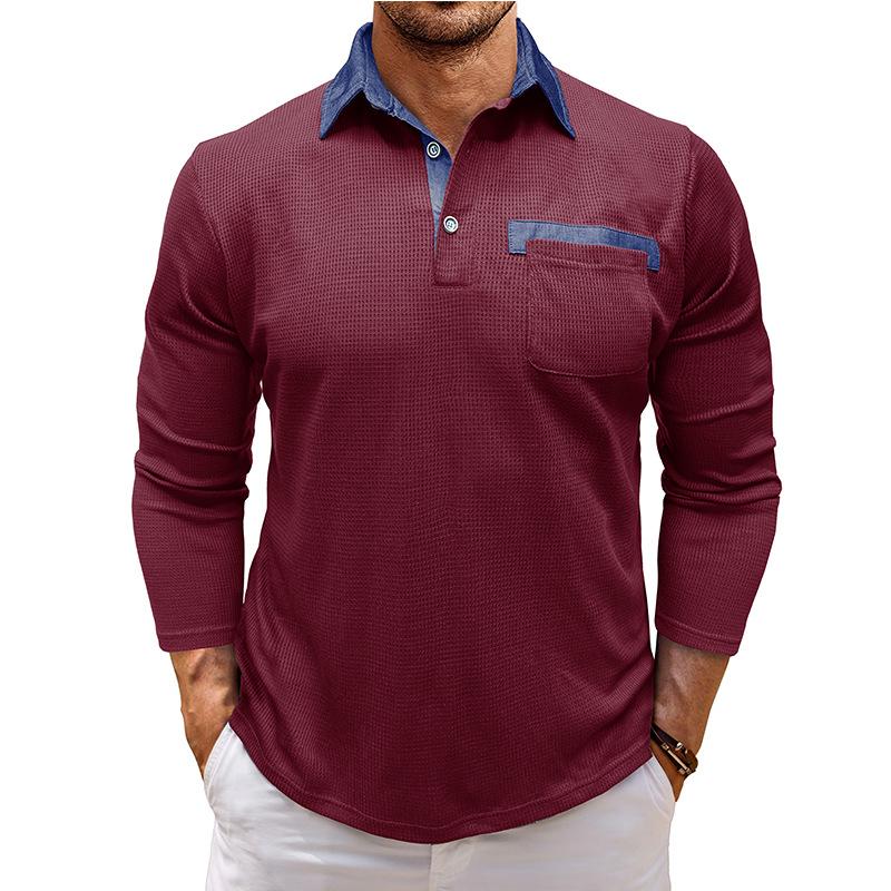 Autumn New Men's Long-sleeved Waffle Polo Shirt Fashion Men's Lapel T-shirt Tops