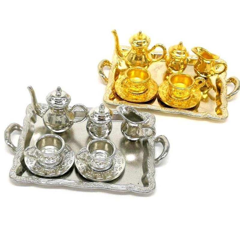 10Pcs/set Doll House Miniature Metal Tea Doll House Furniture Miniature Dining Ware Toy Teapot Cup Plate