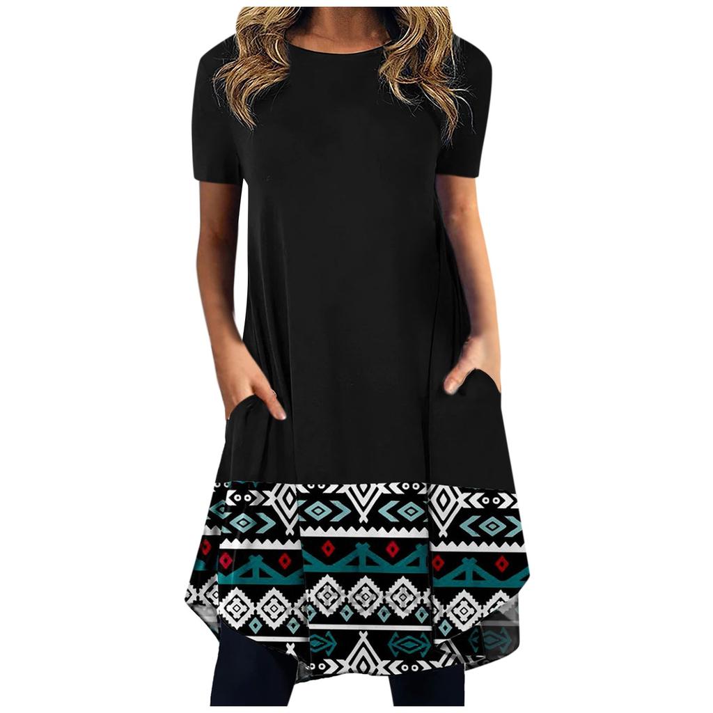 Women's Fashionable Casual Ethnic Printed Retro Round Neck Short Sleeve Dress