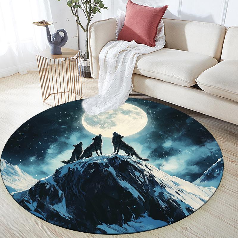 Moon Wolf,Round Area Rug,Carpet Rug for Living Room Bedroom Sofa Playroom Decor,Non-slip Floor Mat