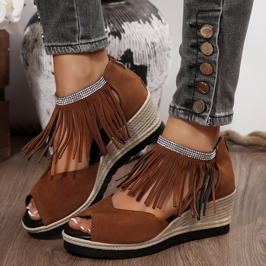 Women's Rhinestone-Embellished Wedge Sandals with Tassel Detail - Open-Toe Platform Heel, Faux Cover Upper & Sole, Thick Cushioned Sole