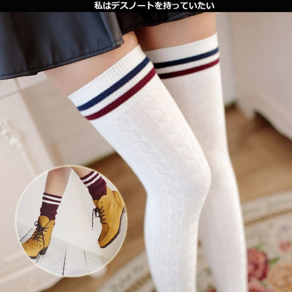 2019 College Style Stockings, Women's Two Bar Twists, Stacking Socks, Japanese and Korean Striped Stockings Over Knee Socks