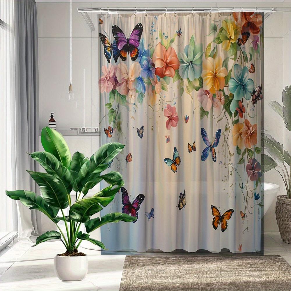 Vibrant Butterfly Garden Shower Curtain - Waterproof,Mildew-Resistant With Colorful Floral Design For A Lively, Elegant Bathroom