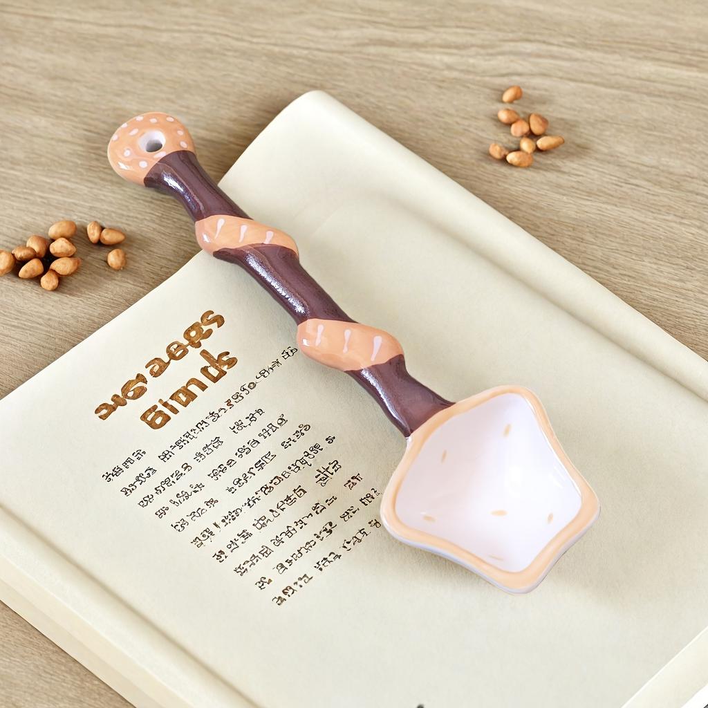 Cartoon ceramic long-handle spoon, food-safe & dishwasher safe, ideal for soup, dessert and daily home use.