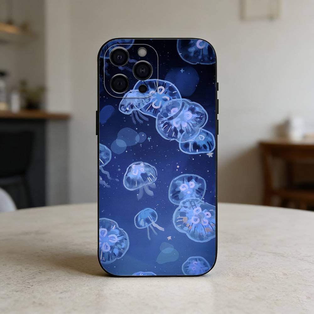 INS C-Cartoon Jellyfish Phone Case Silicone black Soft For IPhone 17,16,15,14,13,12,11,SE,Plus Pro Max