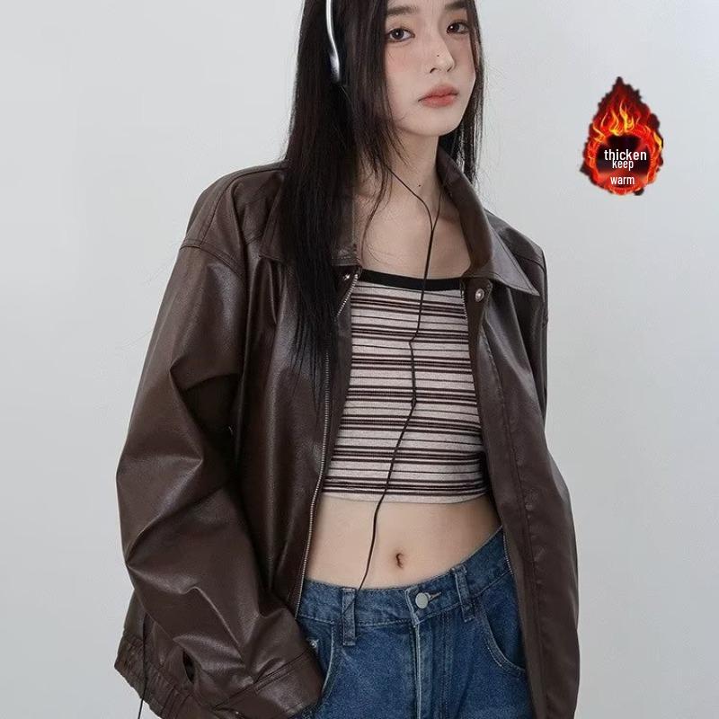 

2023 Women s Hong Kong Style Retro Brown Leather Jacket - Autumn Motorcycle Inspired 2XL коричневий