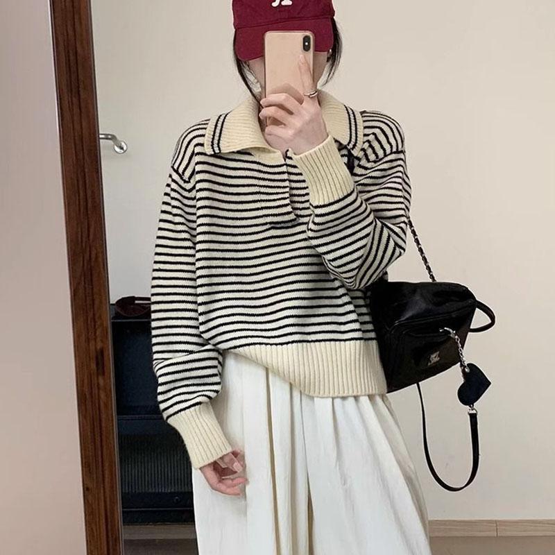 Pullover Sweater Female 2023 Korean Women Autumn Academy Sweater Loose and Slim Versatile Striped Top Long Sleeve Knit Sweater