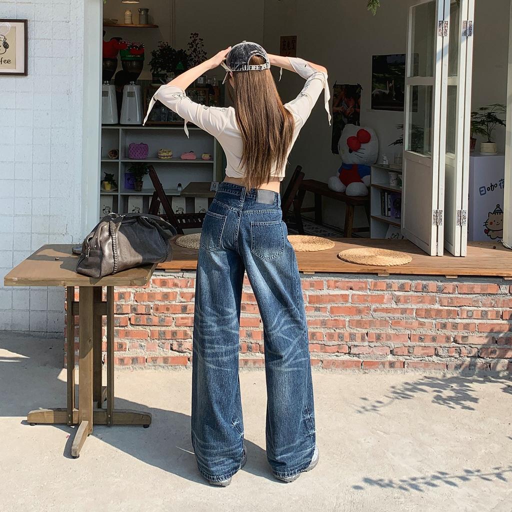 American Retro Blue Wide-leg Jeans Women's Spring New Pocket Design High Waist Loose Straight Floor Pants