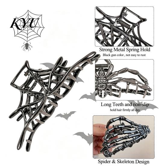 Strong Hold Hair Clips 3Pcs Halloween Claw Clip, Hollow Spider Web Ghost Hand Accessories Non Slip Alloy Clamp, Gothic for Women Metal