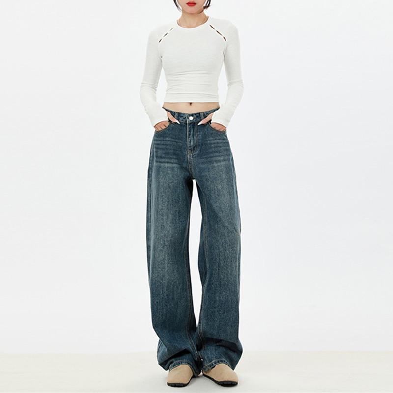 American High Street Women's Retro Slimming Straight & Wide Leg Jeans - Spring/Autumn 2025, Loose Casual Fit