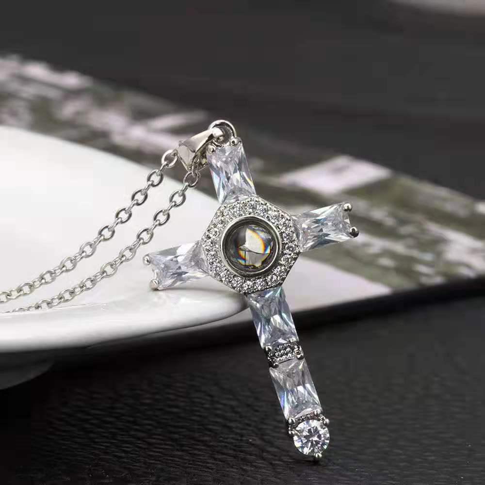 European & American Diamond-Studded Projection Necklace - Creative Cross Pendant