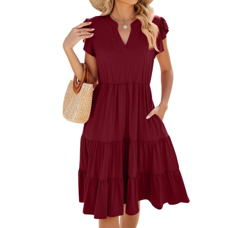 Spring Summer Solid Color V-neck Loose Short Sleeved Waist Patchwork Dress