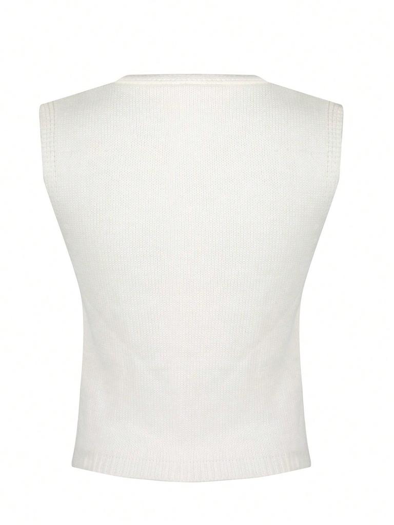 Rose Beauty A  Solid Casual V-Neck Grommet Front Split Hem Sleeveless Sweater Vest Top Knitted Waistcoat