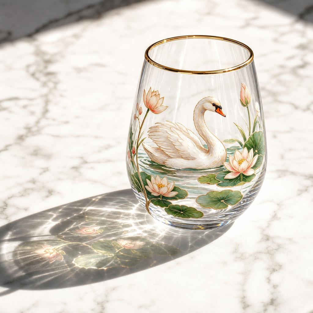 Glass Drinking Cup with Swan and Floral Print Design Stemless Glassware Suitable for Juice Water and Beverage Serving At Home or Office