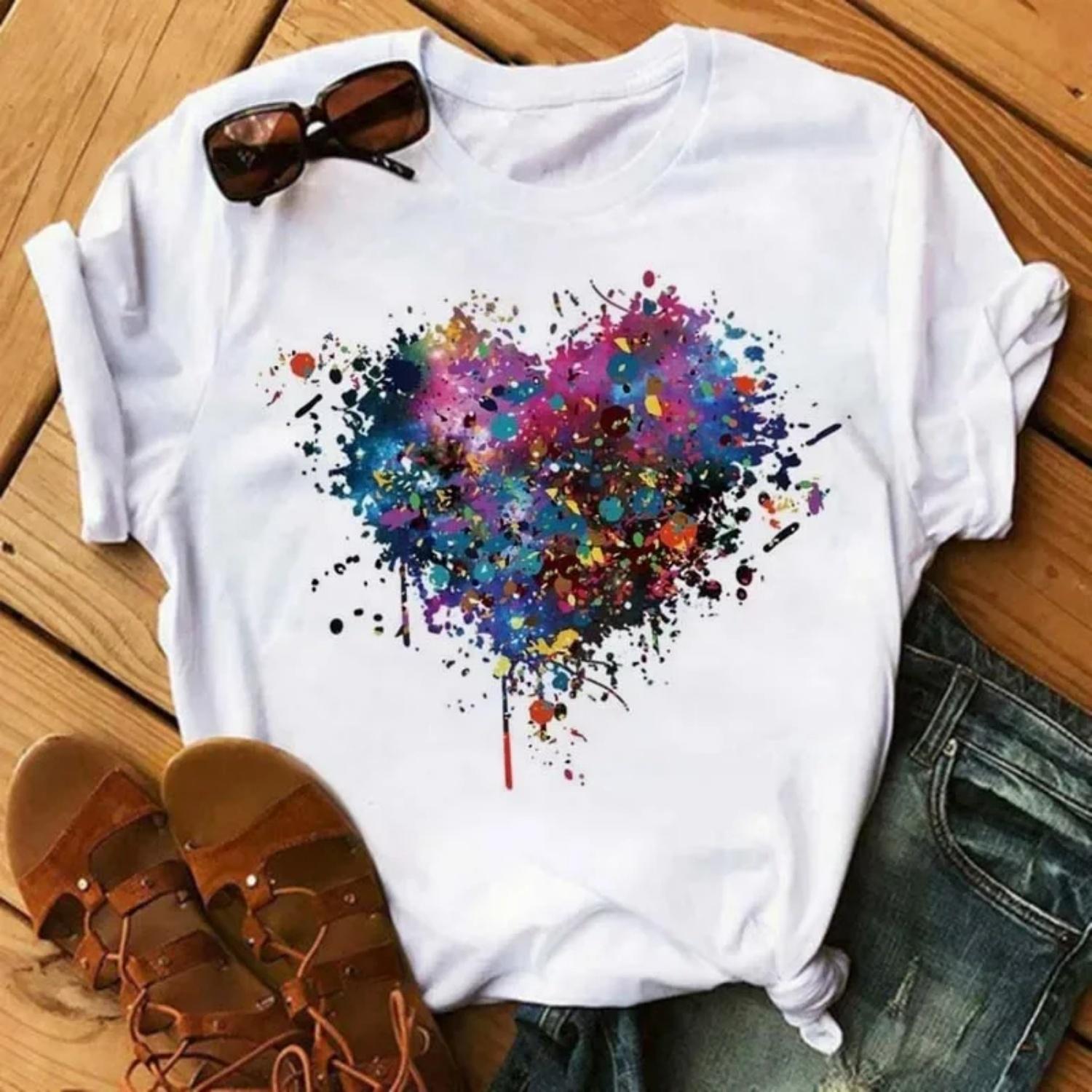 Colorful Heart Flower Print Women Tshirt Summer Casual Funny Graphic T Shirt 90s Lady Yong Girl Valentine s Day Gifts S