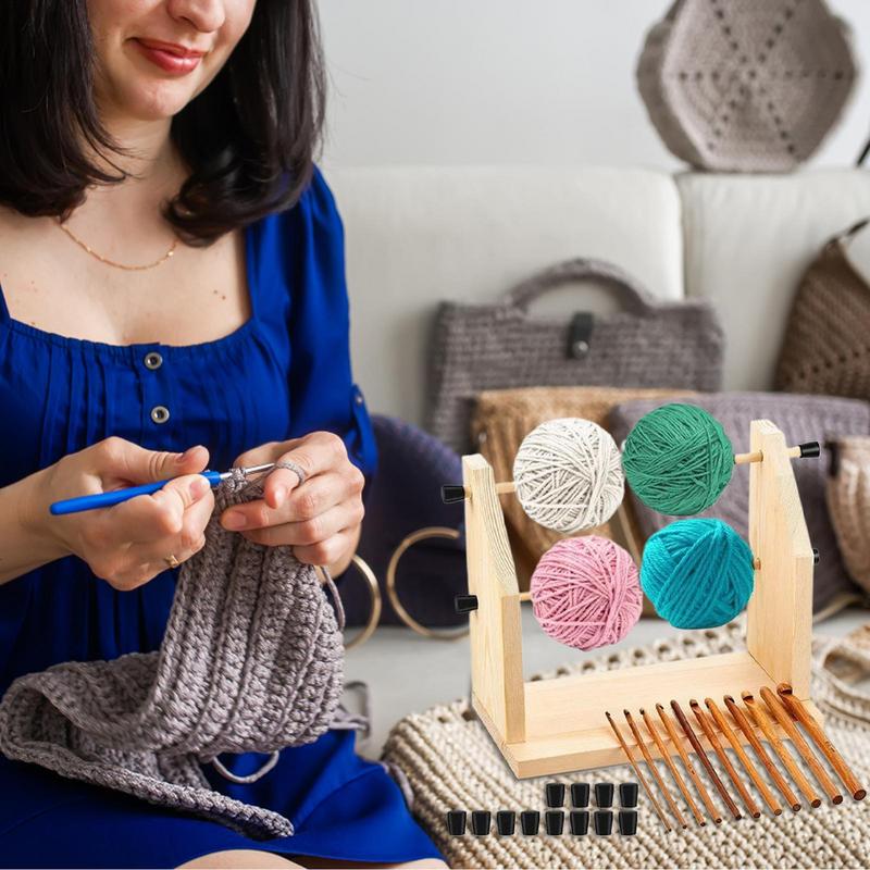Yarn Holder Dispenser Wood Crochet Spool Holder Double-Rotating Crochet Spool Holder Portable Yarn Storage Organizer For