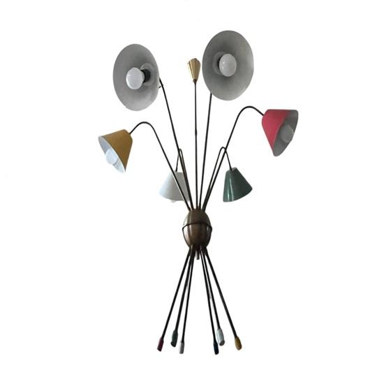 Mid-Century Modern Sputnik Kronleuchter 6-flammig Messing Deckenleuchte Bunte Schirme Retro Hängelampe für Wohn-, Esszimmer