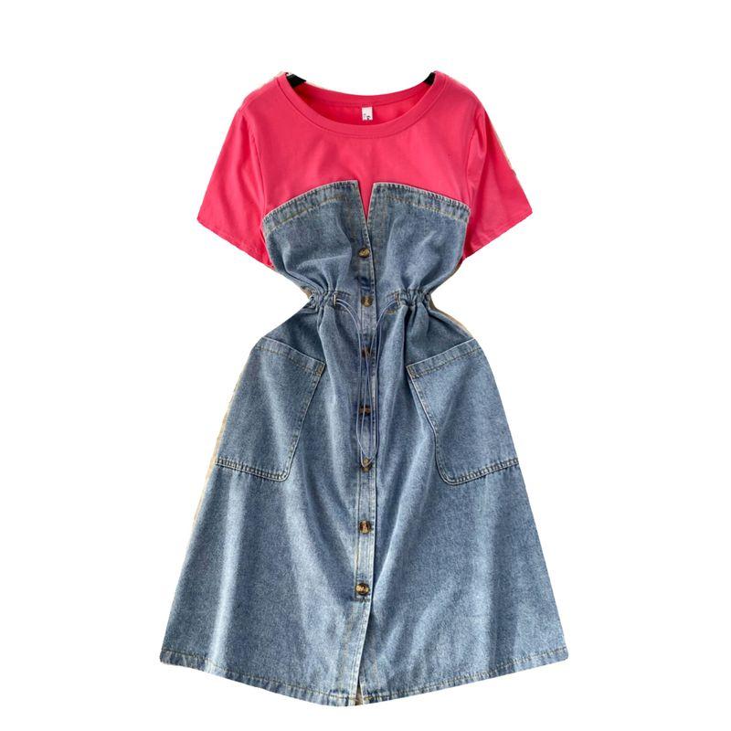 Younger Korean Style Dress French Denim Fake Two-Piece