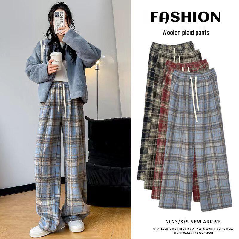 Women's Winter Fleece-Lined Tweed Plaid Wide-Leg Pants: Warm, Thick, Loose, and Straight-Leg Design.