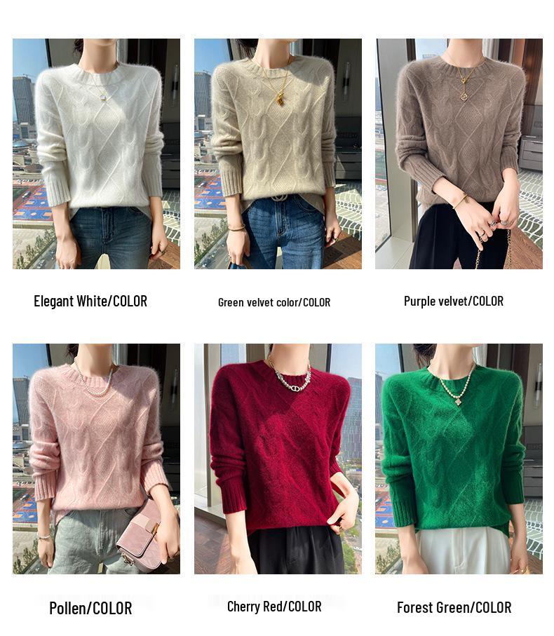 Women's Soft Cashmere Sweater, Round Neck, Diamond Jacquard, Thick Knit, Loose Fit, Base Layer