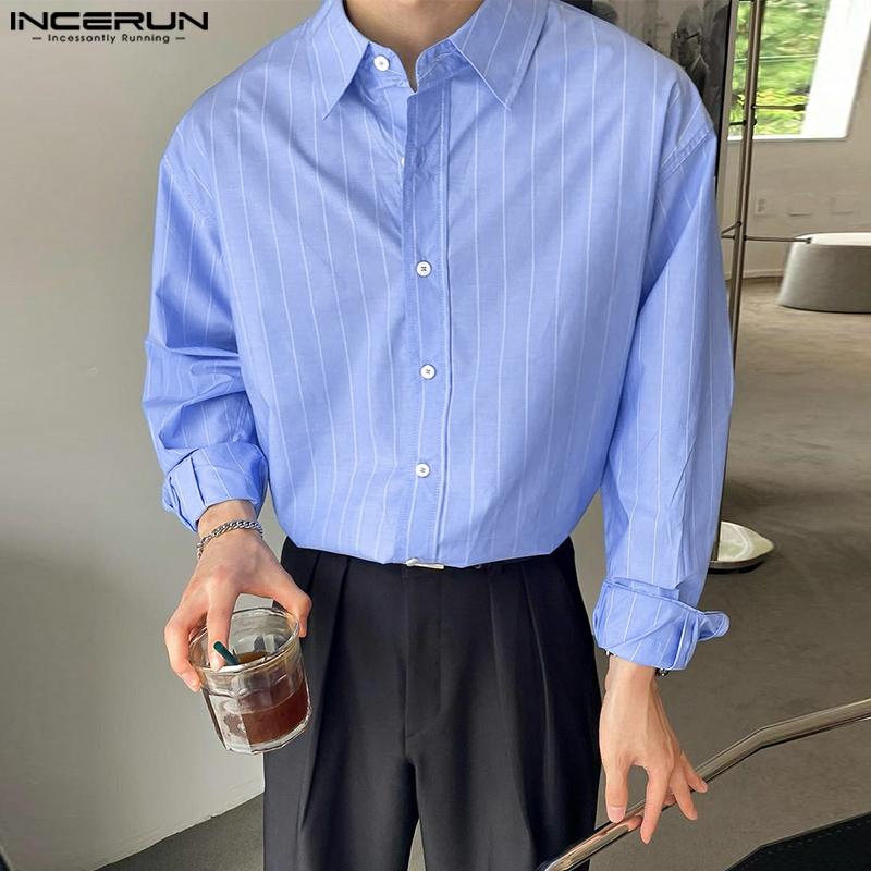 INCERUN Oversized Men Shirts Long Sleeve Lapel Striped Print Casual Loose Tops