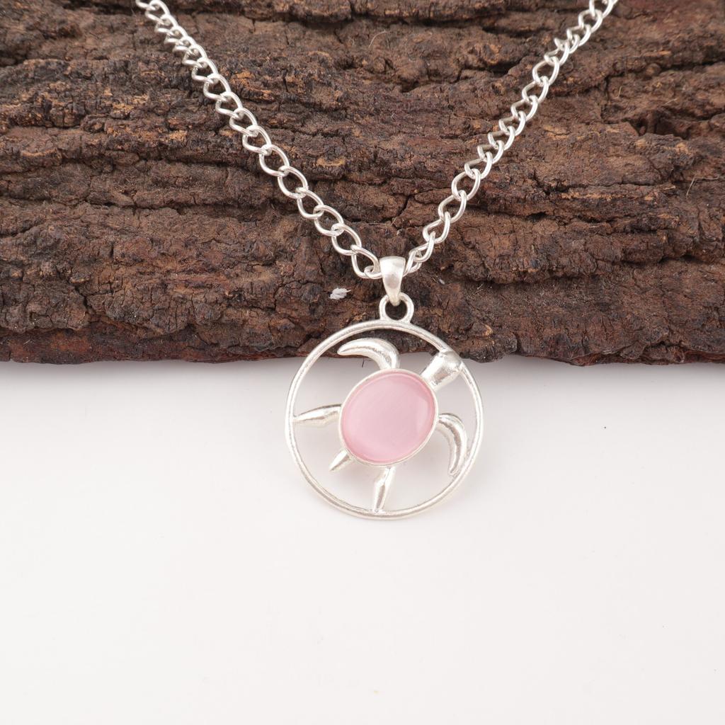 Pink Cat's Eye Gemstone 925 Stamped Silver Jewelry Handmade Pendant Gift For Her CP-2-43