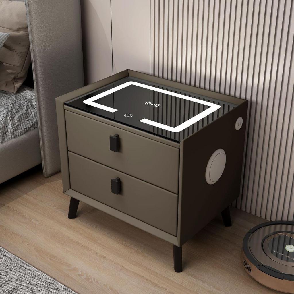 Smart Minimalist Bedside Table: Dual Drawers, Wireless Charging, Light, Bluetooth Speaker