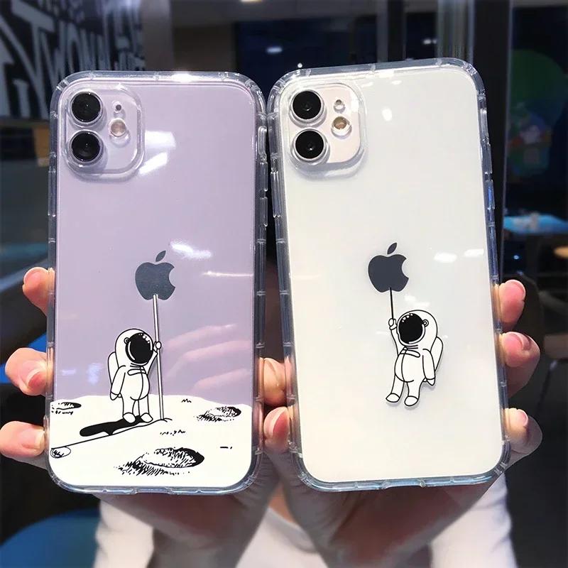 Funda de Teléfono Divertida de Dibujos Animados de Astronauta para iPhone 16 15 14 13 12 11 Pro Max Mini X XS XR 7 8 Plus Transparente Suave a Prueba de Golpes
