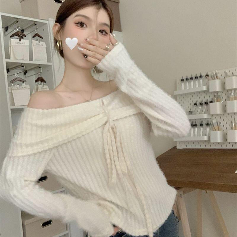 

Корейский пикантный свитер с открытыми плечами и халтером - Женский осенний стильный топ с длинным рукавом One Size слоновая кость