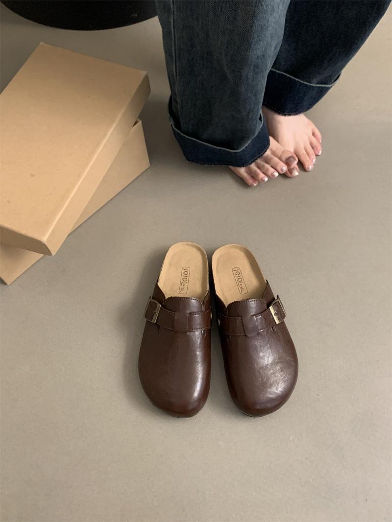 

Женские сандалии на платформе 2025 новинка ретро сумка голова полушлепанцы на плоской подошве ленивые повседневные мюли 40 коричневый