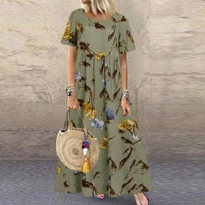 Fashion Floral Print Casual Dress for Women Summer Spring Loose Waistline Short Sleeve O Neck Dress