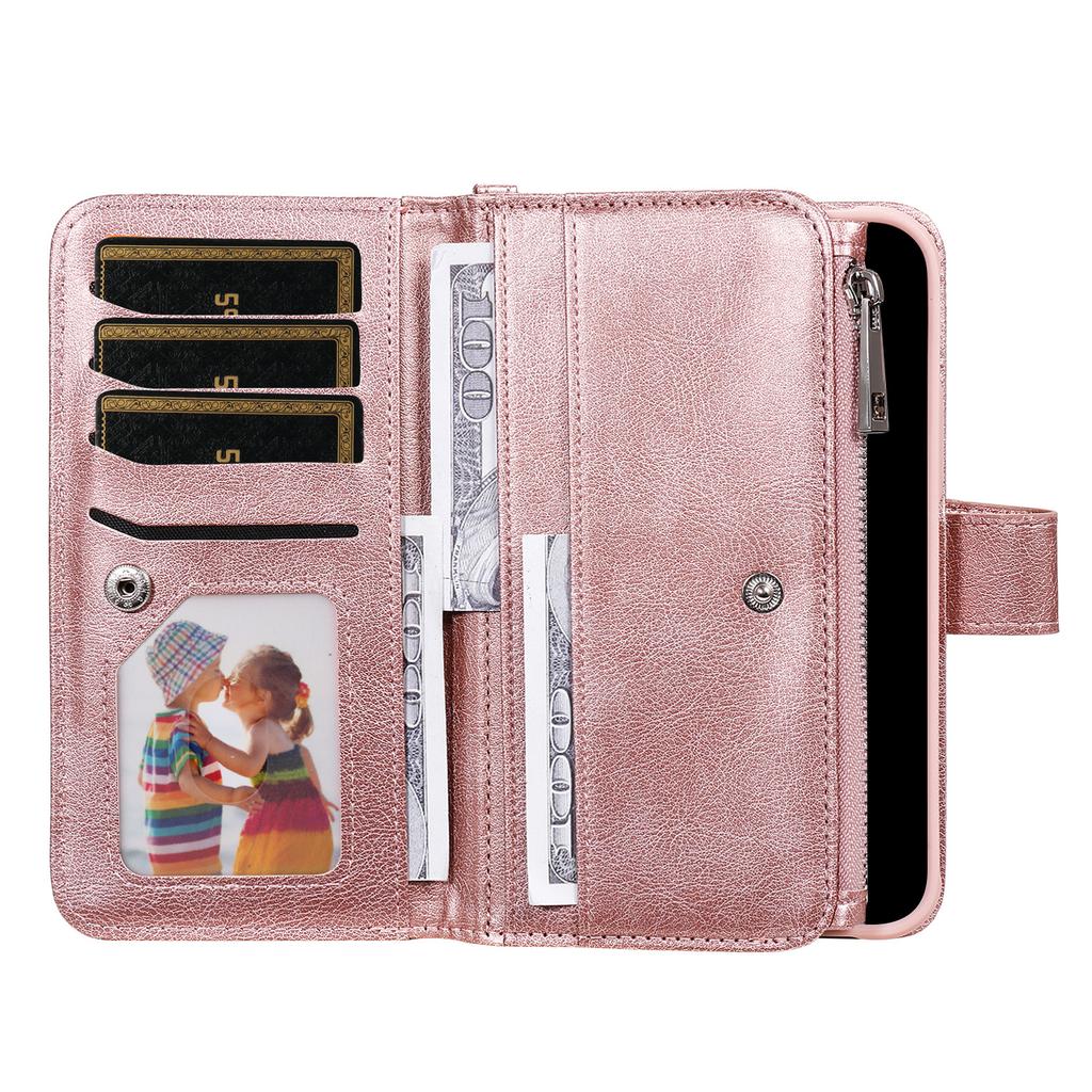 Suitable for iPhone15 mobile phone leather case 15plus solid color multi-function zipper wallet magnetic suction two-in-one case