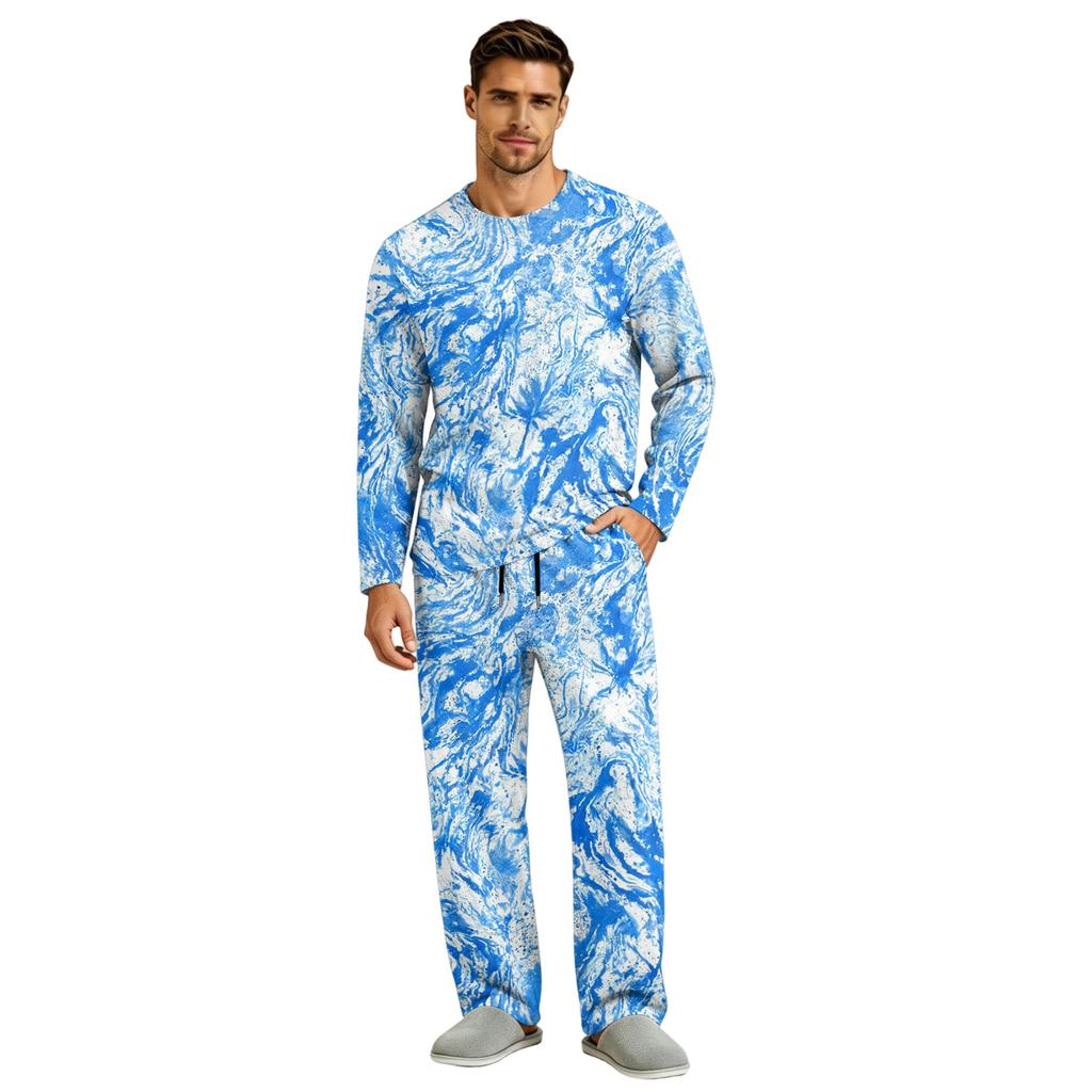 Men's Pajama Set Long Sleeve Top and Long Pants with Button Crotch and Elastic Drawstring Waist for Home Loungewear